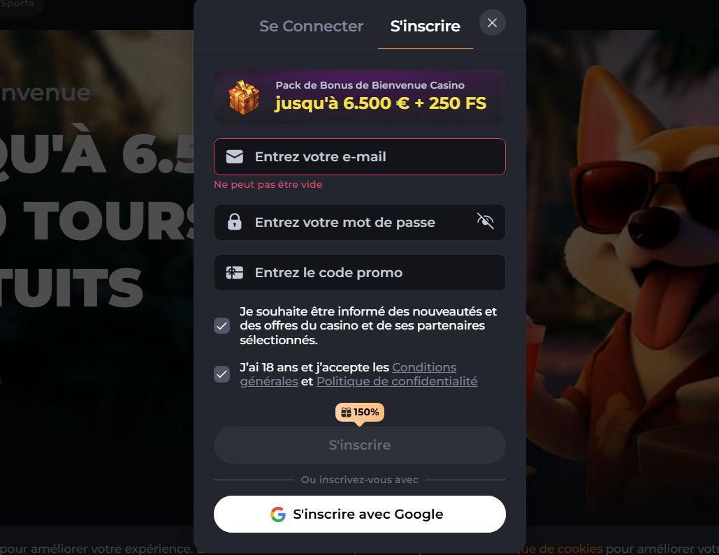 Formulaire d'inscription Corgibet avec les champs e-mail, mot de passe, code promotionnel, consentements et inscription avec Google