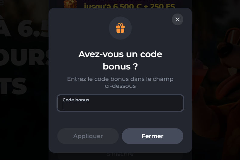 Fenêtre Corgibet permettant de saisir et d'appliquer un code bonus pendant l'inscription